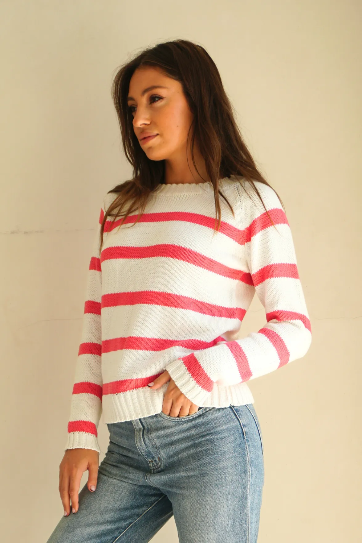 Stripe Sloane Crewneck in Raspberry