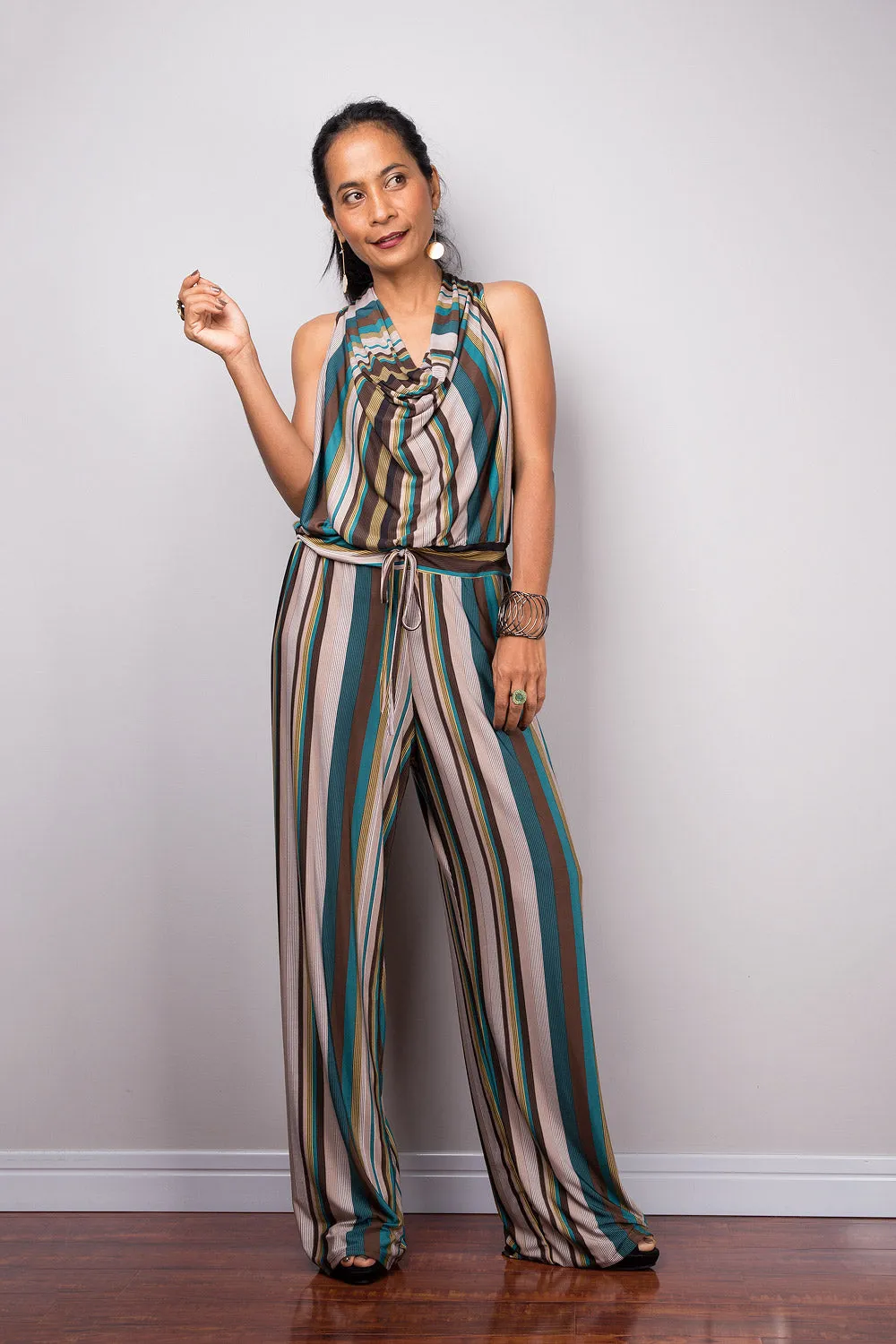 Striped Jumpsuit | Halter top with cowl neck jumper