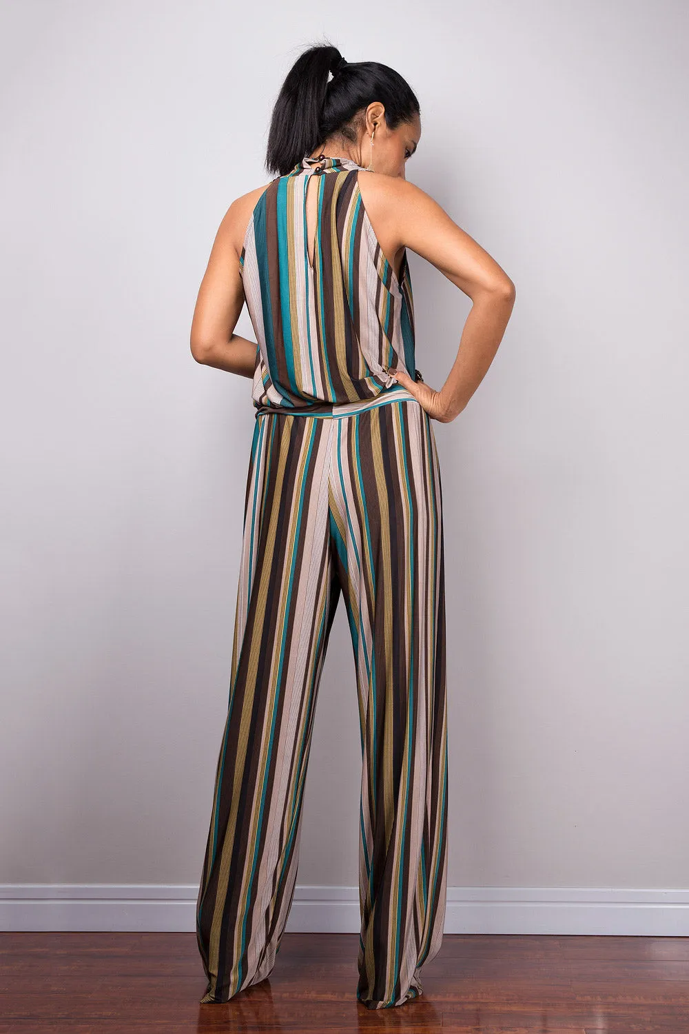 Striped Jumpsuit | Halter top with cowl neck jumper