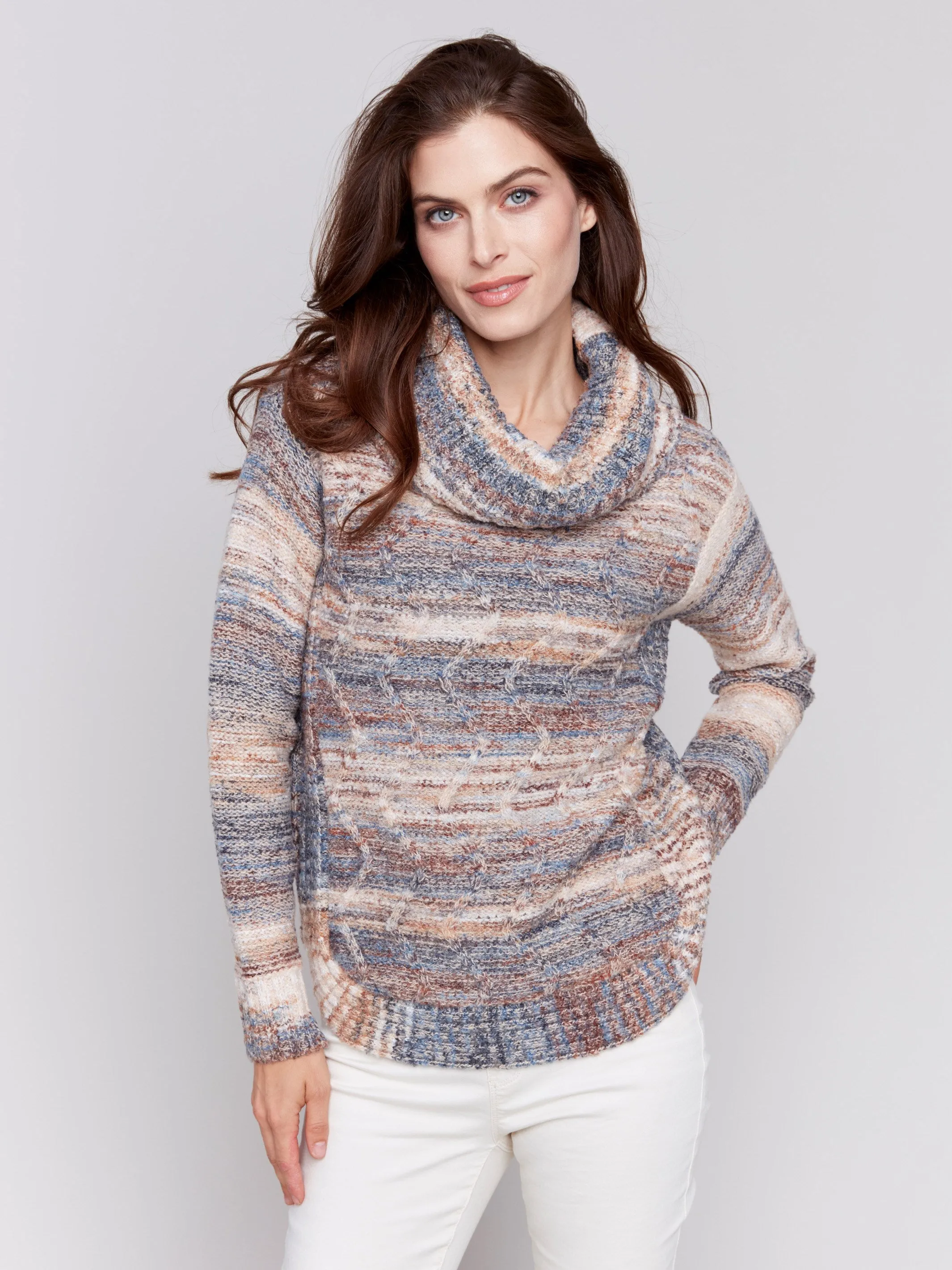 Two-Tone Yarn Color Cowl-Neck Sweater - Denim