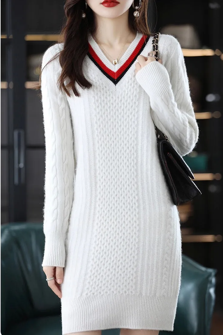 V Neck Knit Mini Dress