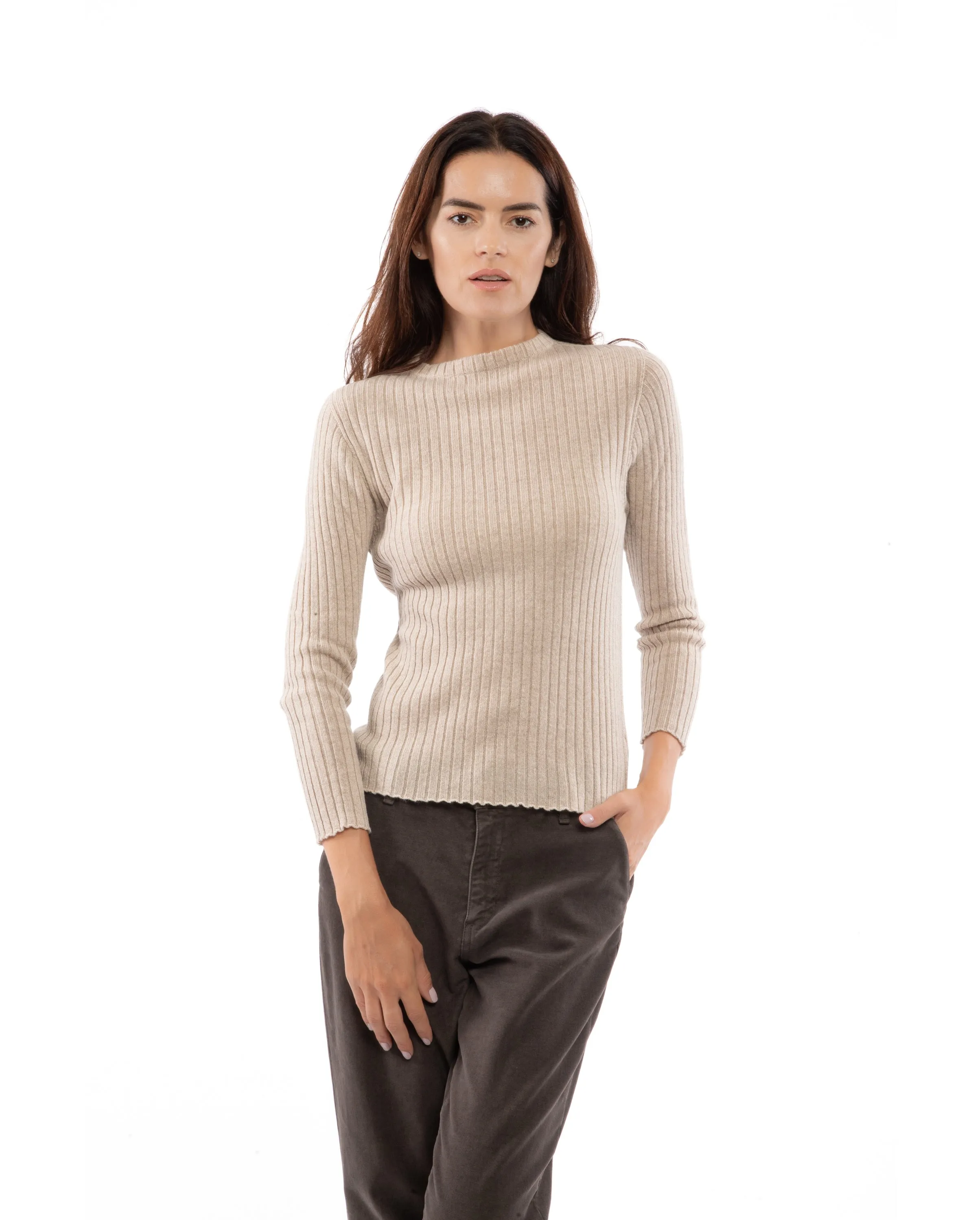 Women's Cashmere Vertical Rib Crew Neck Sweater Beige